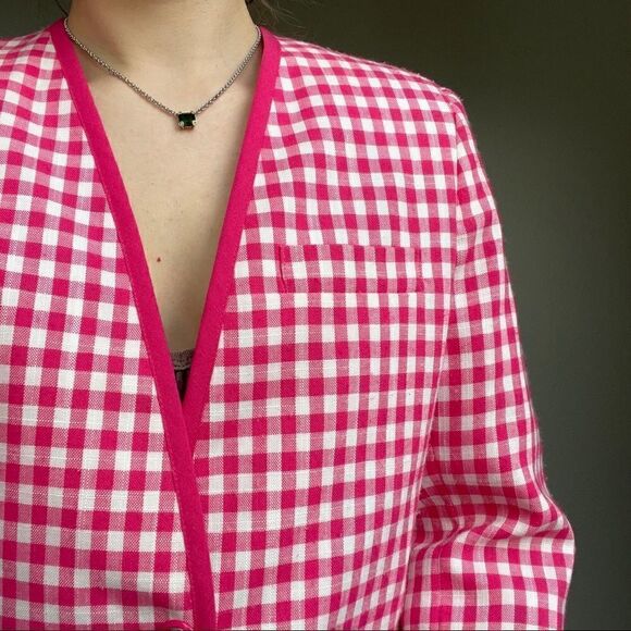 Vintage 80s Pink White Cotton Checkered Preppy Plaid Oversized Blazer Sz M - Picture 8 of 12